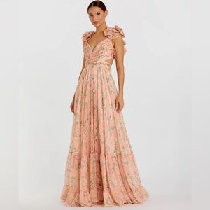 Mac Duggal
Floral Chiffon Ruffle Lace-Up Gown